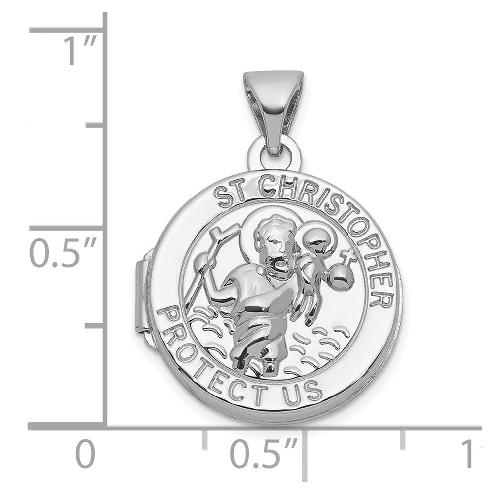 Sterling Silver Rhodium - plated Saint Christopher Protect Us 16mm Round Locket - JewelryAffairs