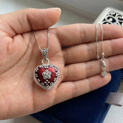 Sterling Silver Heart Locket Pendant with Red Enamel and Marcasite, 25x17mm