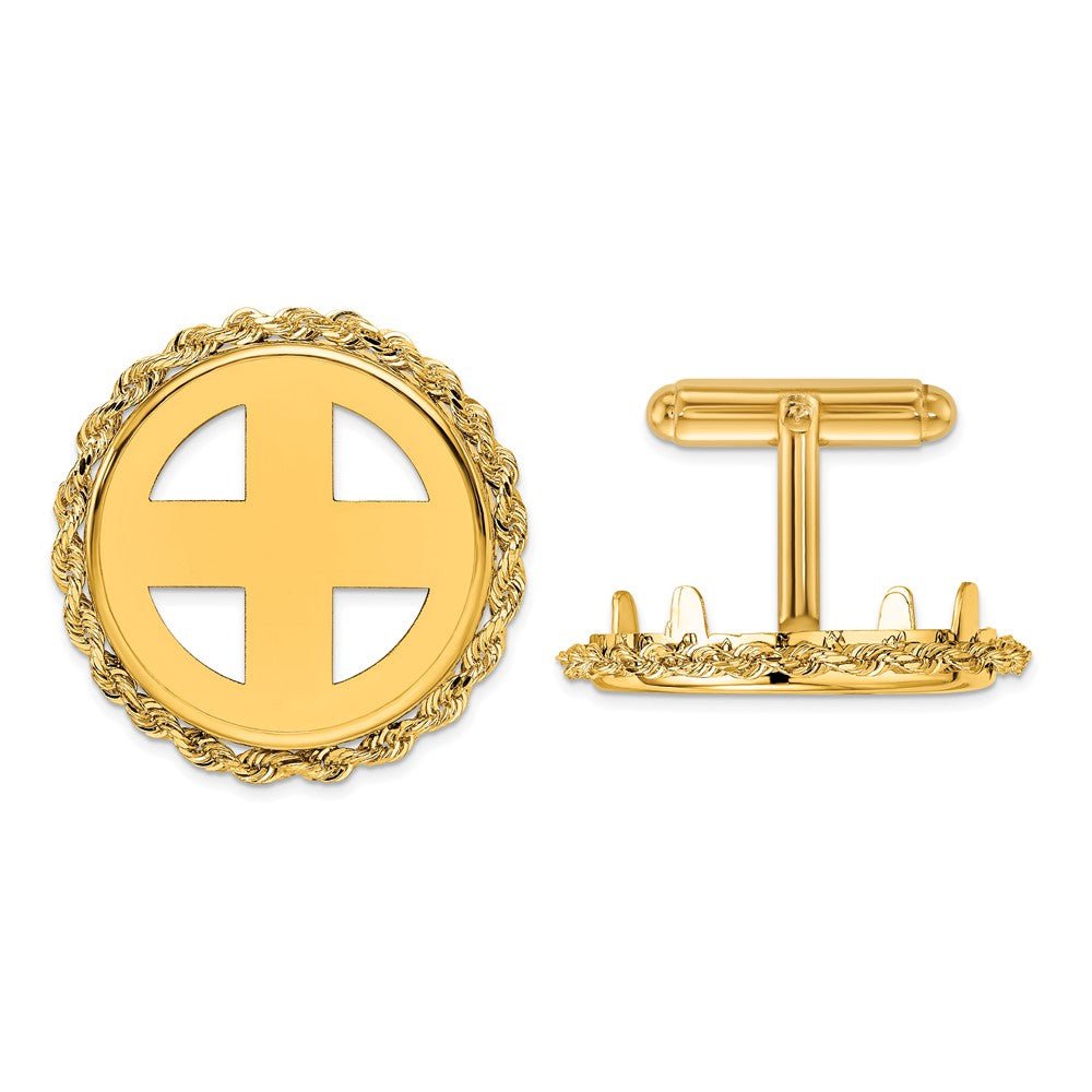 Wideband Distinguished Coin Jewelry 14k Real Gold Men's Polished Rope 21.6mm Coin Bezel Cuff Links - JewelryAffairs