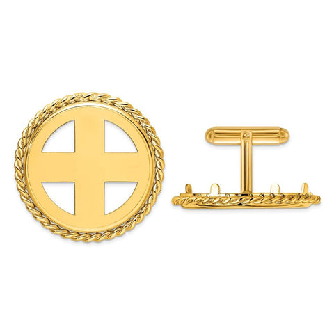 Wideband Distinguished Coin Jewelry 14k Real Gold Men's Polished Twisted Wire 27.0mm Coin Bezel Cuff Links