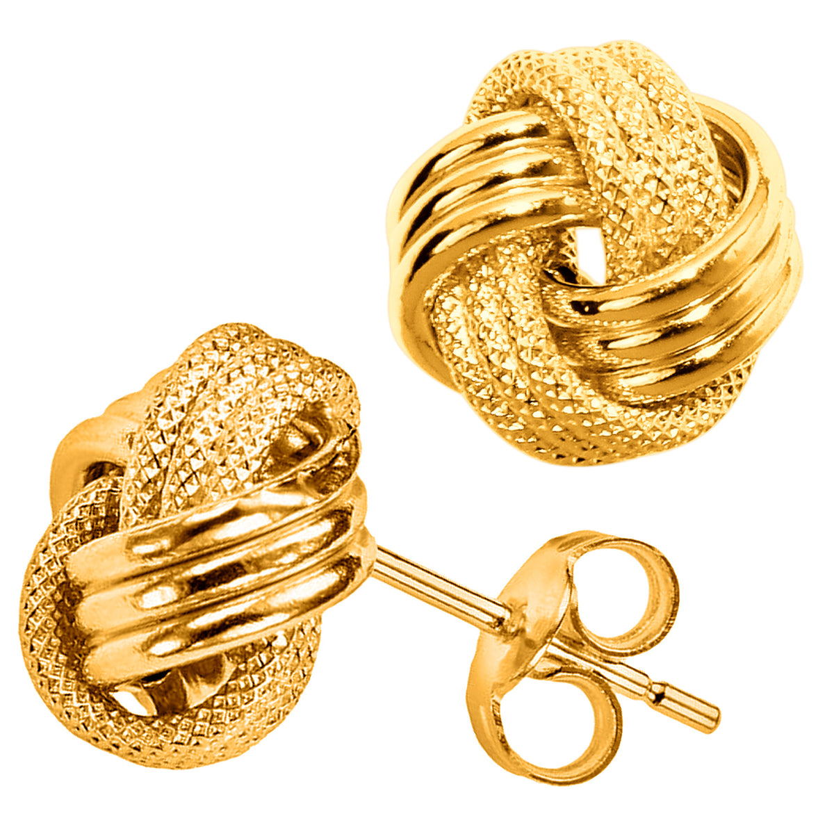 10k Yellow Gold Shiny And Textured Triple Love Knot Stud Earrings, 9mm fine designer jewelry for men and women