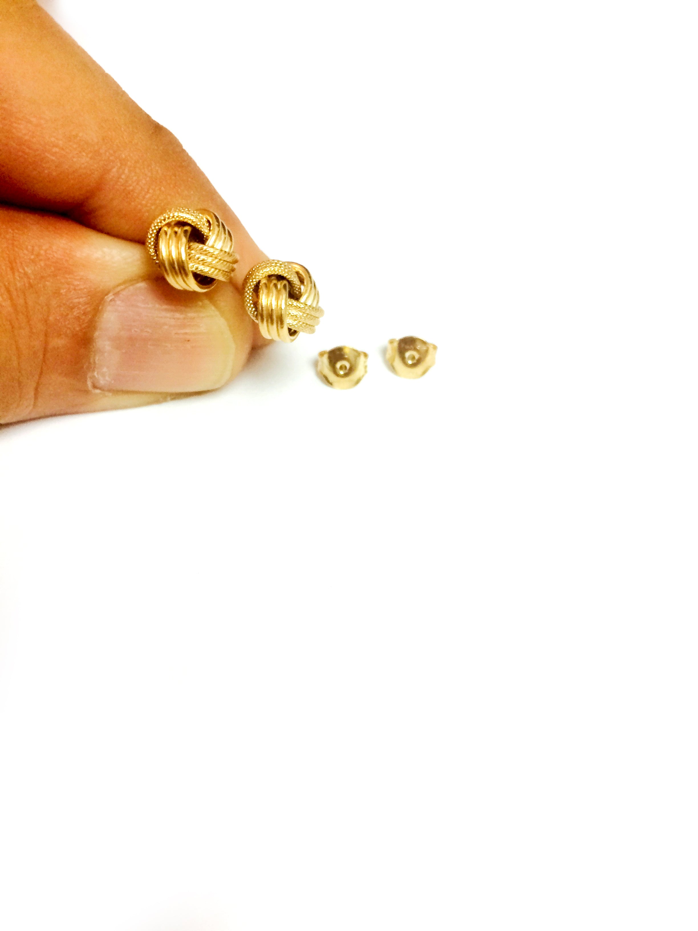 10k Yellow Gold Shiny And Textured Triple Love Knot Stud Earrings, 9mm fine designer jewelry for men and women
