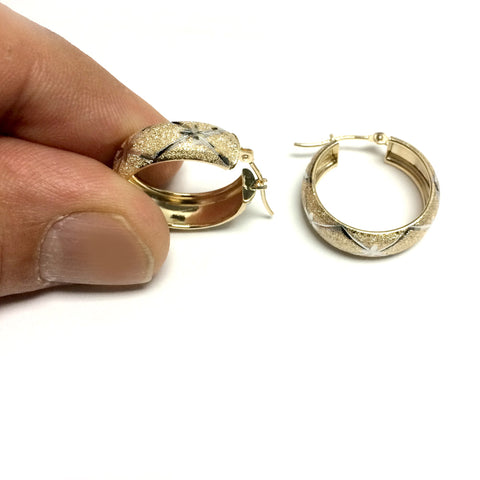10k 2 Tone White And Yellow Gold Diamond Cut Textured Round Hoop Earrings, Diameter 22mm