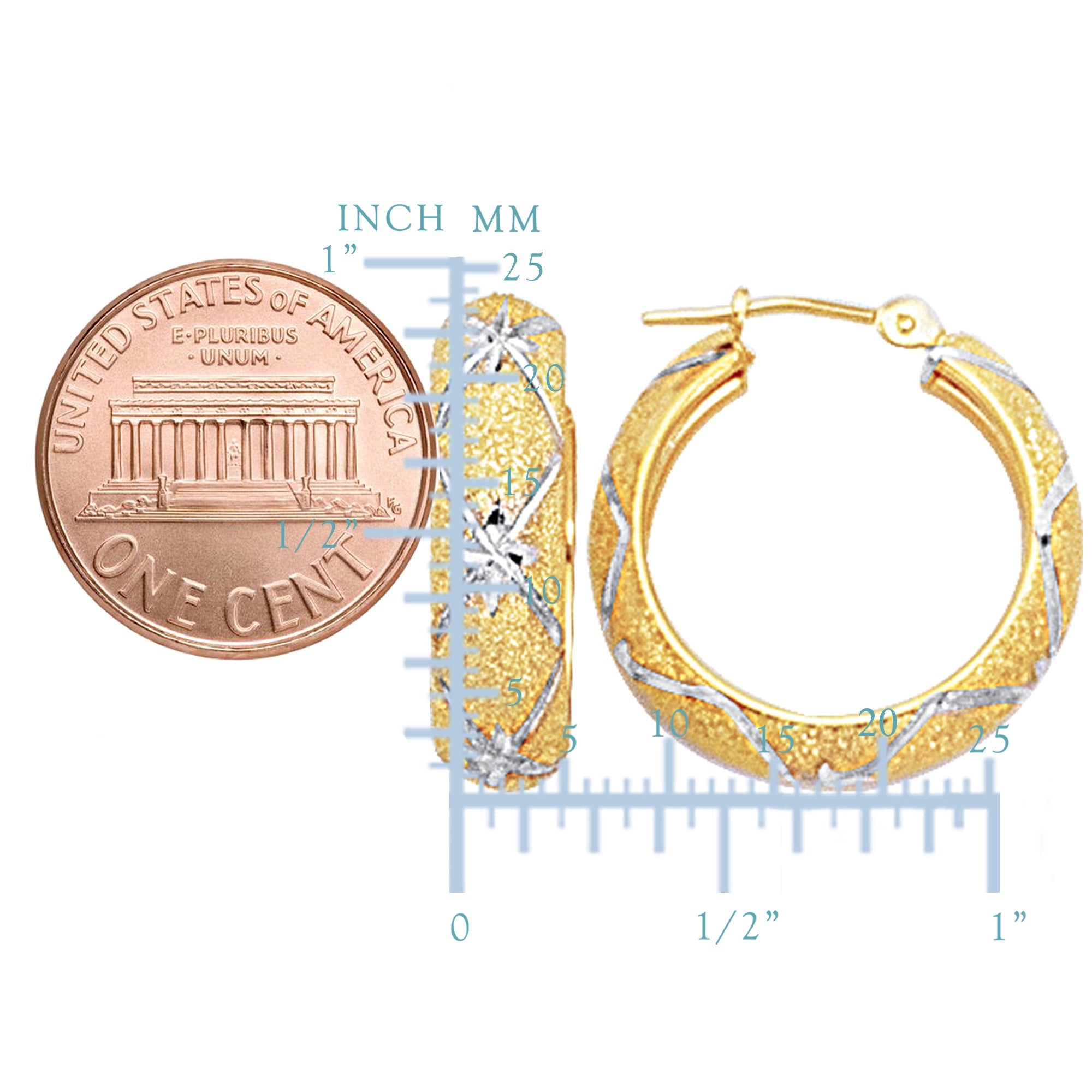 10k 2 Tone White And Yellow Gold Diamond Cut Textured Round Hoop Earrings, Diameter 22mm