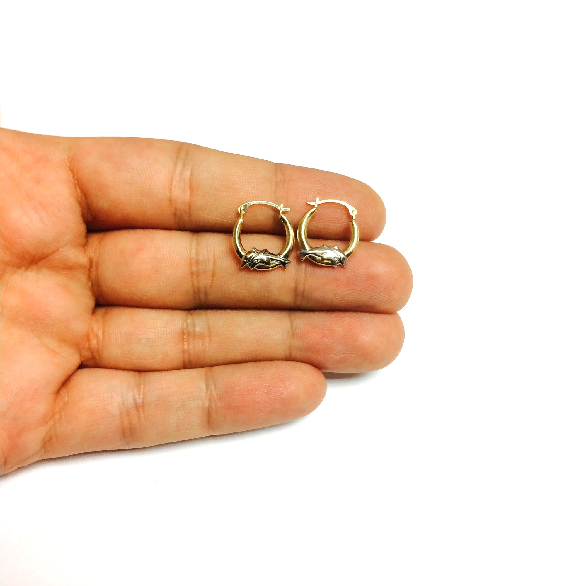 10k 2 Tone White And Yellow Gold Round Shape Hoop Earrings With Dolphins, Diameter 15mm - JewelryAffairs