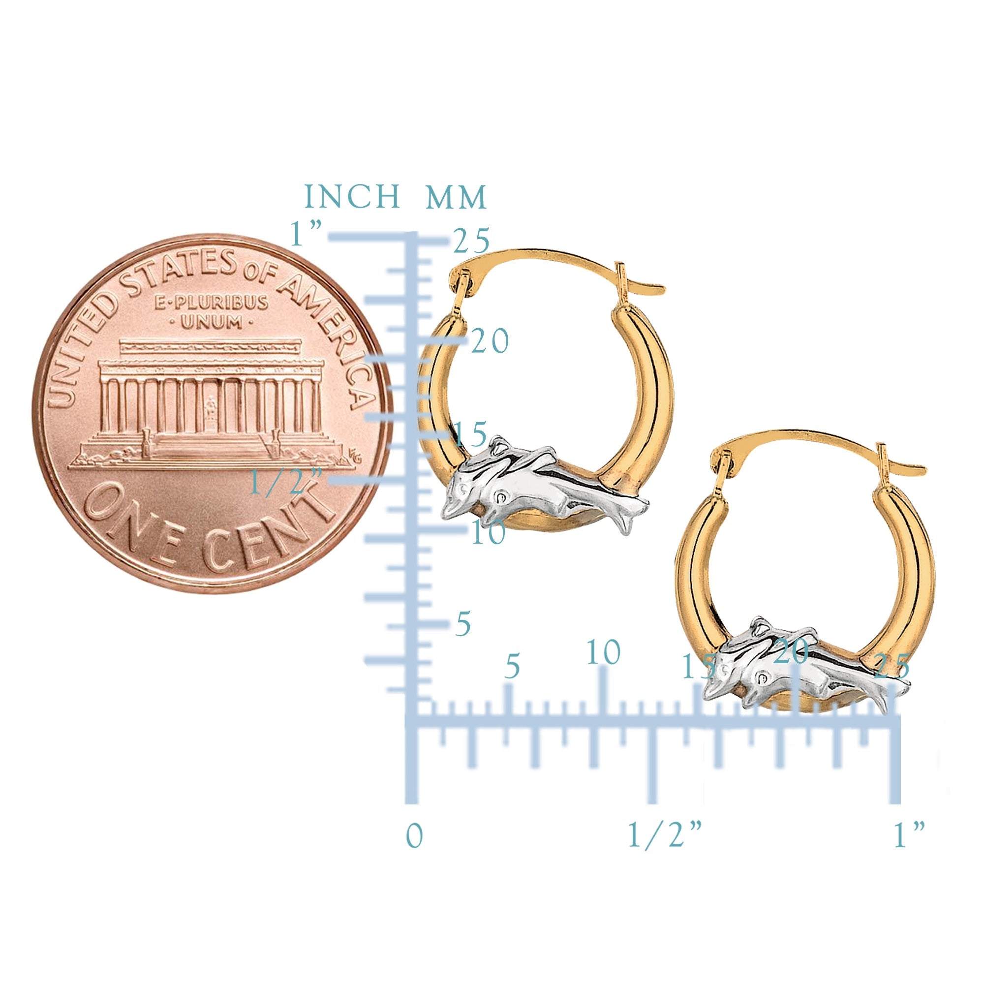 10k 2 Tone White And Yellow Gold Round Shape Hoop Earrings With Dolphins, Diameter 15mm - JewelryAffairs