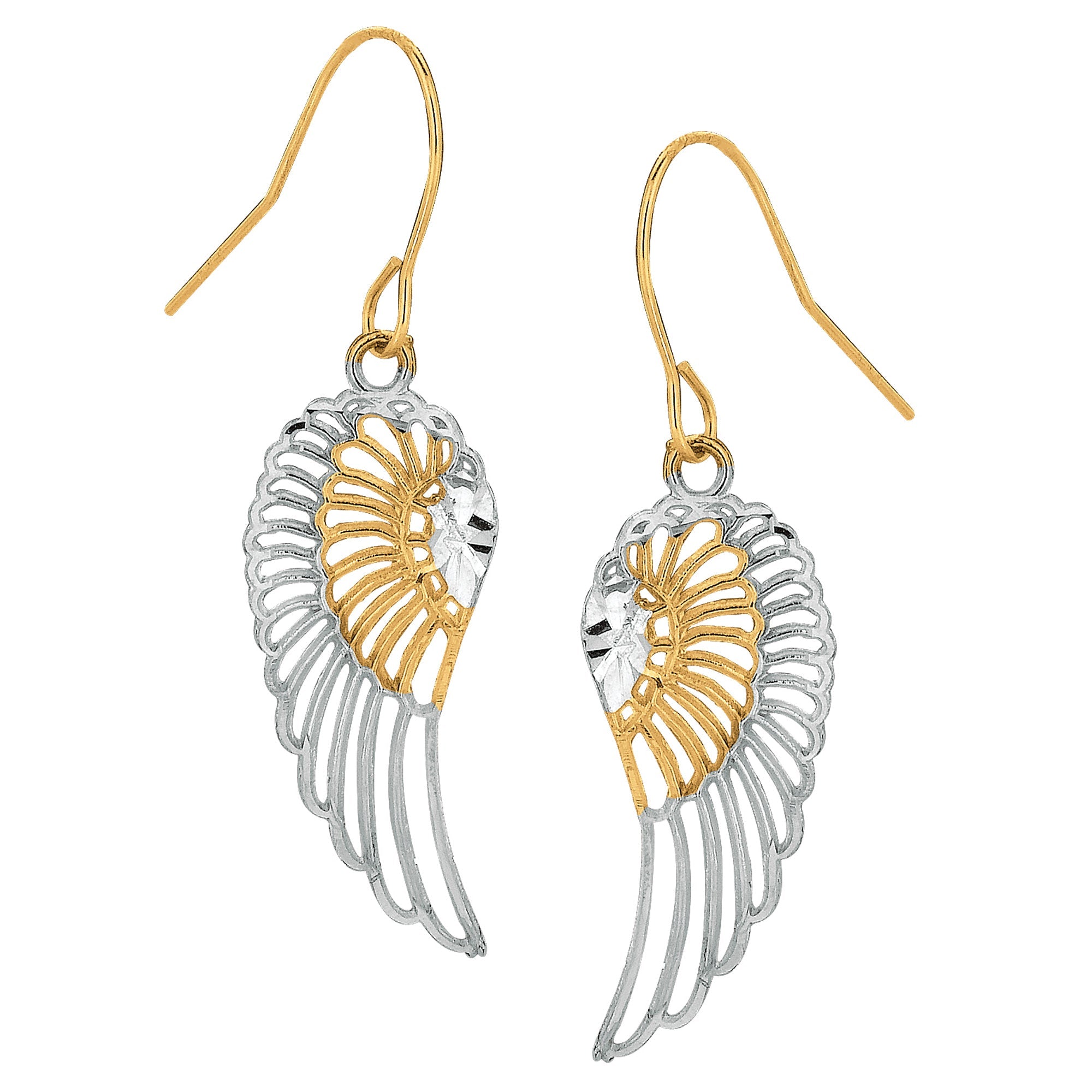 10k 2 Tone Yellow And White Gold Diamond Cut Angel Wings Drop Earrings - JewelryAffairs