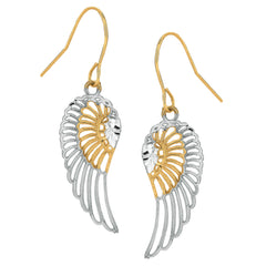 10k 2 Tone Yellow And White Gold Diamond Cut Angel Wings Drop Earrings - JewelryAffairs