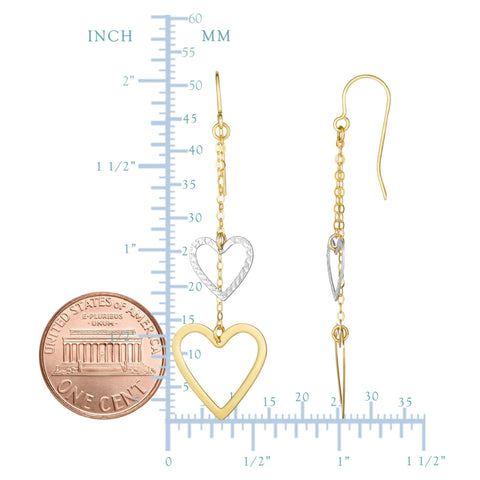 10K White And Yellow Gold Diamond Cut Heart Double Strand Drop Earrings
