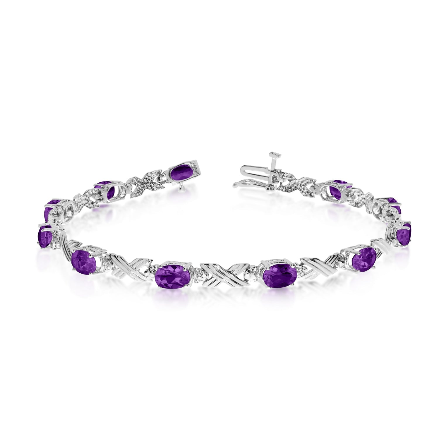 10K White Gold Oval Amethyst Stones And Diamonds Tennis Bracelet, 7" - JewelryAffairs