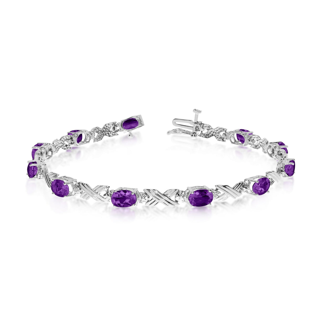 10K White Gold Oval Amethyst Stones And Diamonds Tennis Bracelet, 7" - JewelryAffairs
