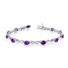 10K White Gold Oval Amethyst Stones And Diamonds Tennis Bracelet, 7" - JewelryAffairs