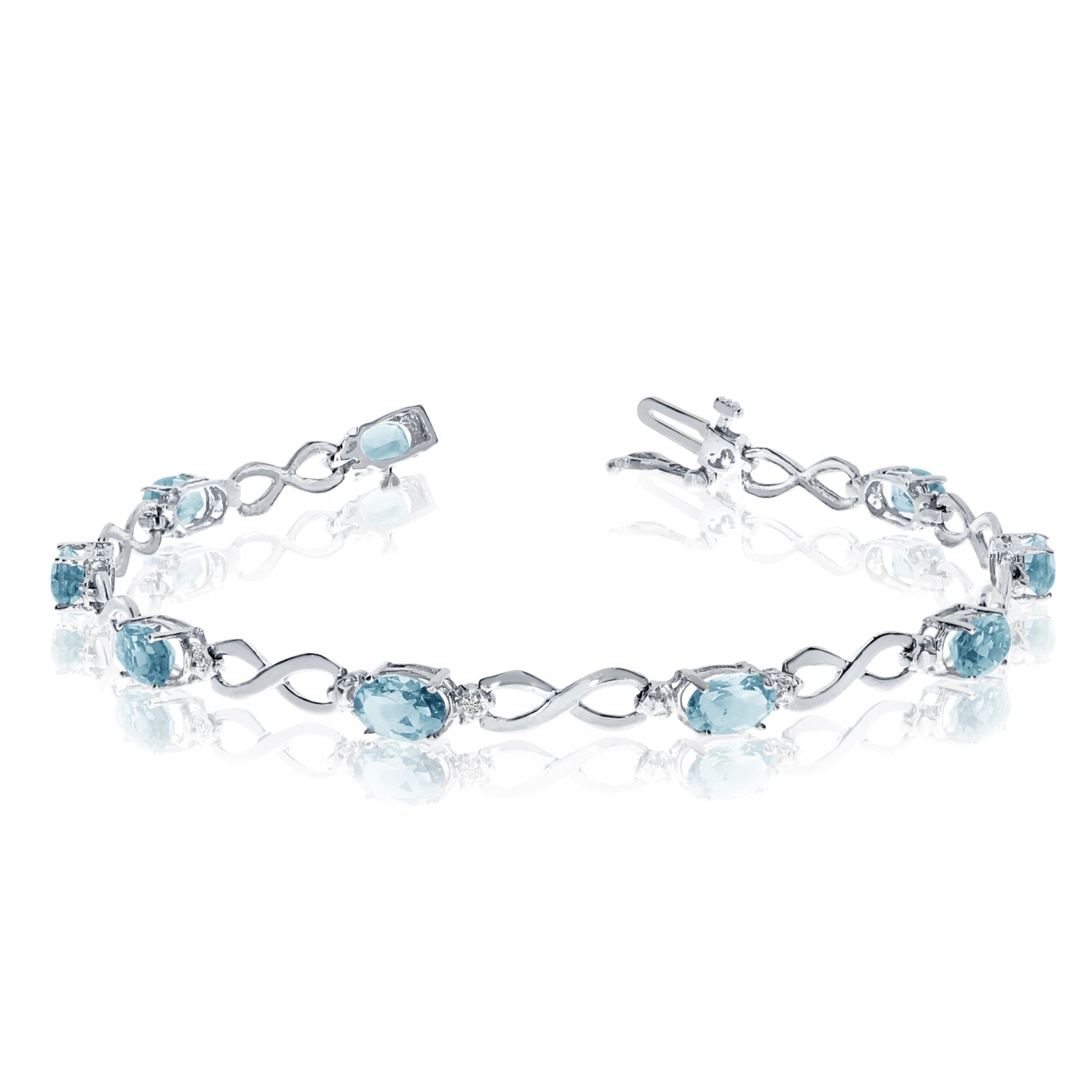 10K White Gold Oval Aquamarine Stones And Diamonds Infinity Tennis Bracelet, 7" - JewelryAffairs