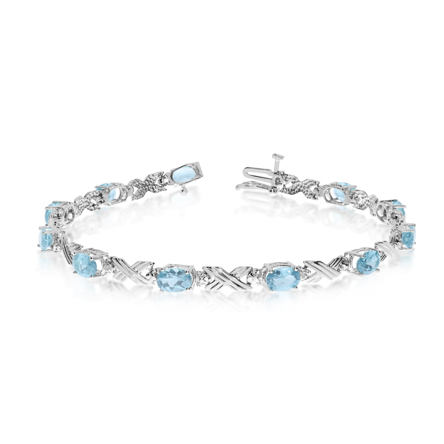 10K White Gold Oval Aquamarine Stones And Diamonds Tennis Bracelet, 7" - JewelryAffairs