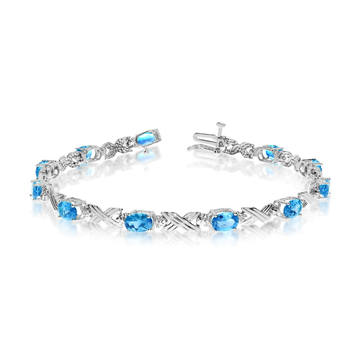 10K White Gold Oval Blue Topaz Stones And Diamonds Tennis Bracelet, 7" - JewelryAffairs