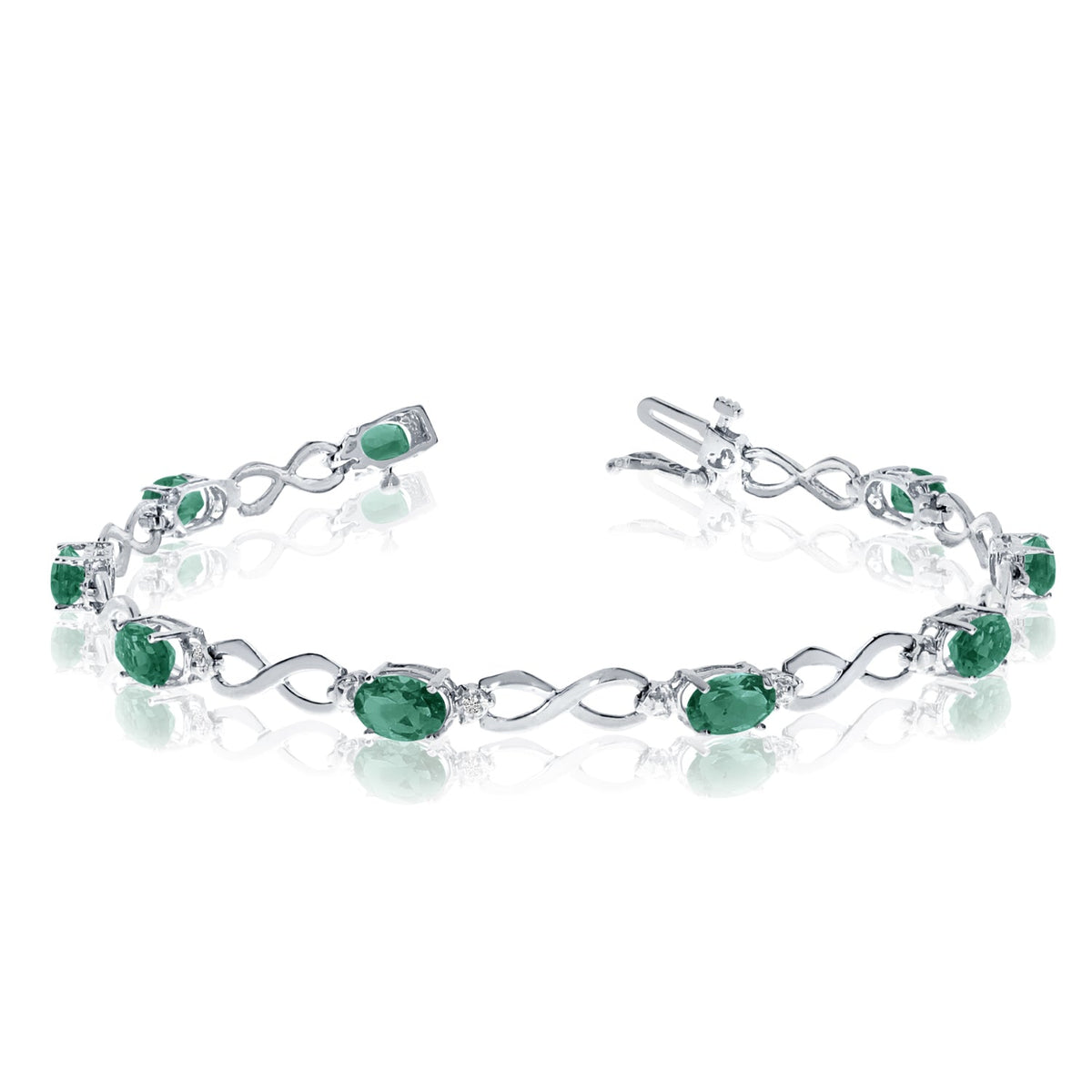 10K White Gold Oval Emerald Stones And Diamonds Infinity Tennis Bracelet, 7" - JewelryAffairs