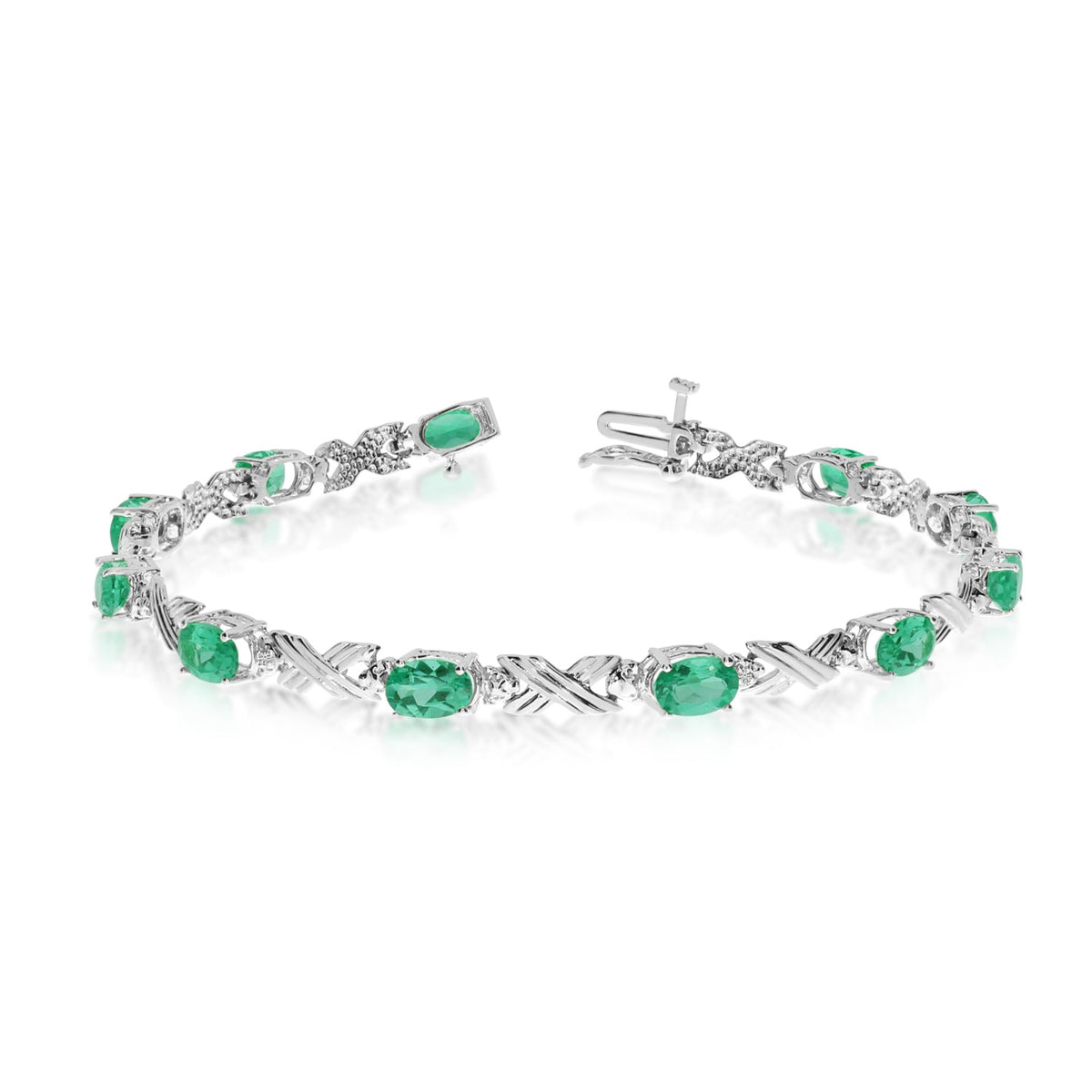 10K White Gold Oval Emerald Stones And Diamonds Tennis Bracelet, 7" - JewelryAffairs