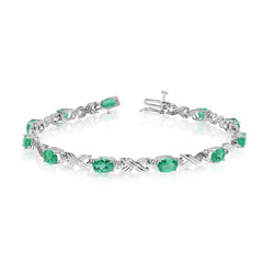 10K White Gold Oval Emerald Stones And Diamonds Tennis Bracelet, 7" - JewelryAffairs