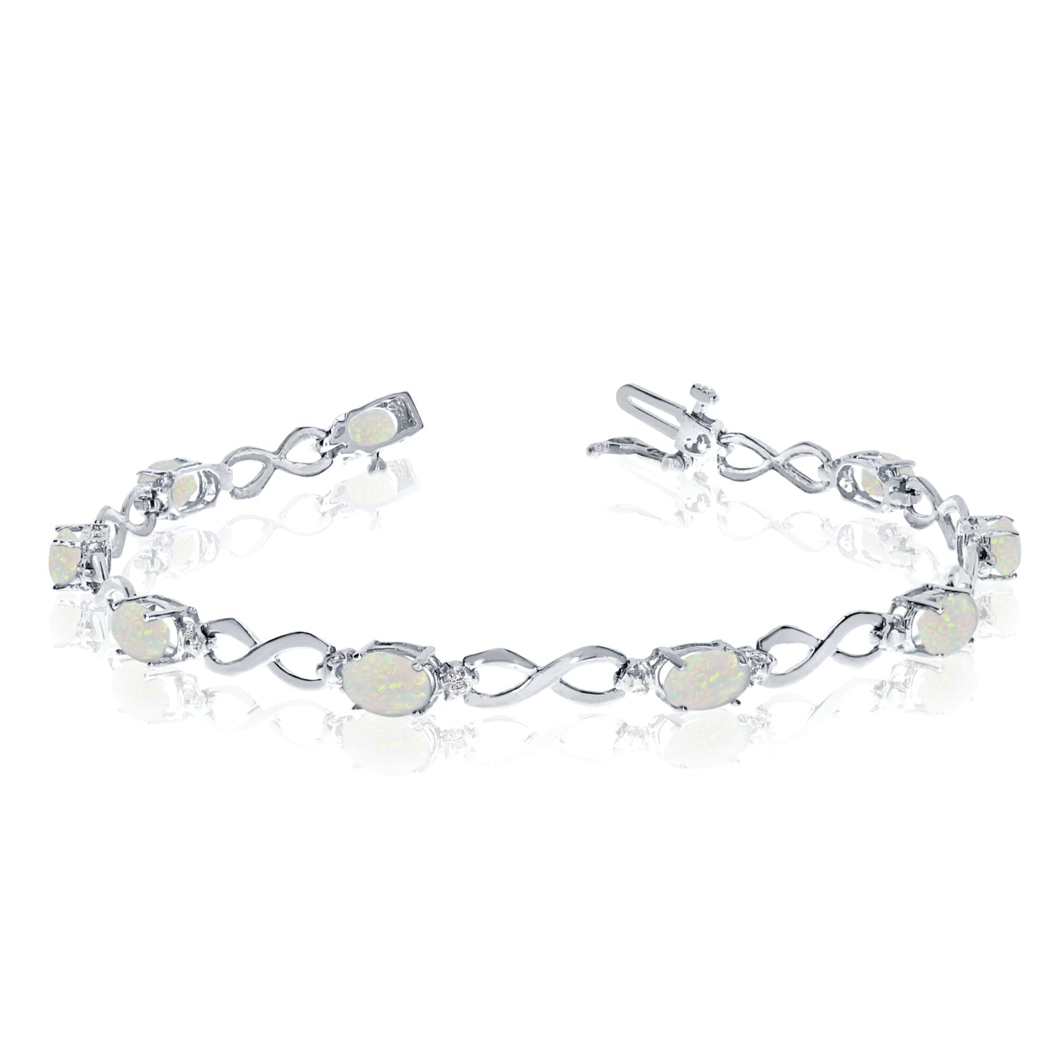 10K White Gold Oval Opal Stones And Diamonds Infinity Tennis Bracelet, 7" - JewelryAffairs