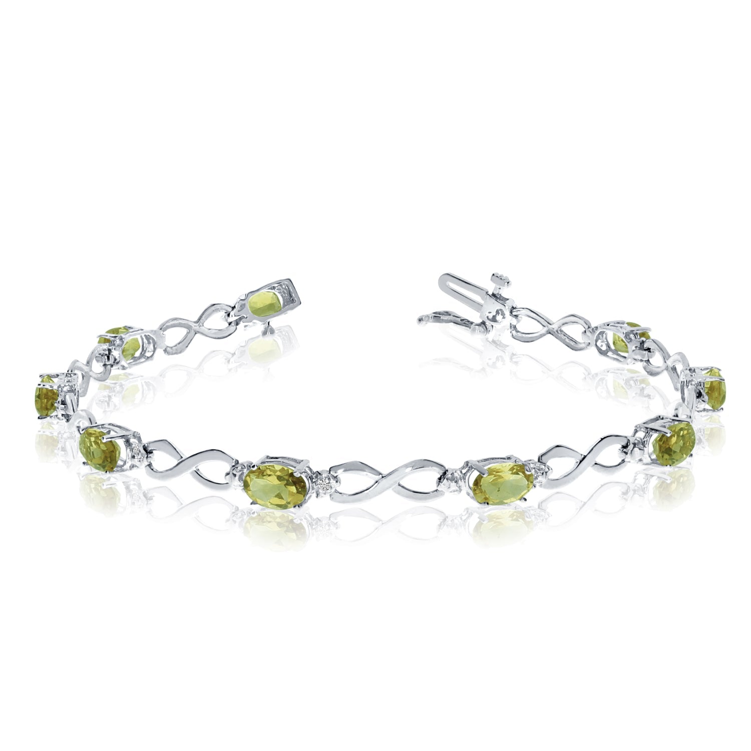 10K White Gold Oval Peridot Stones And Diamonds Infinity Tennis Bracelet, 7" - JewelryAffairs