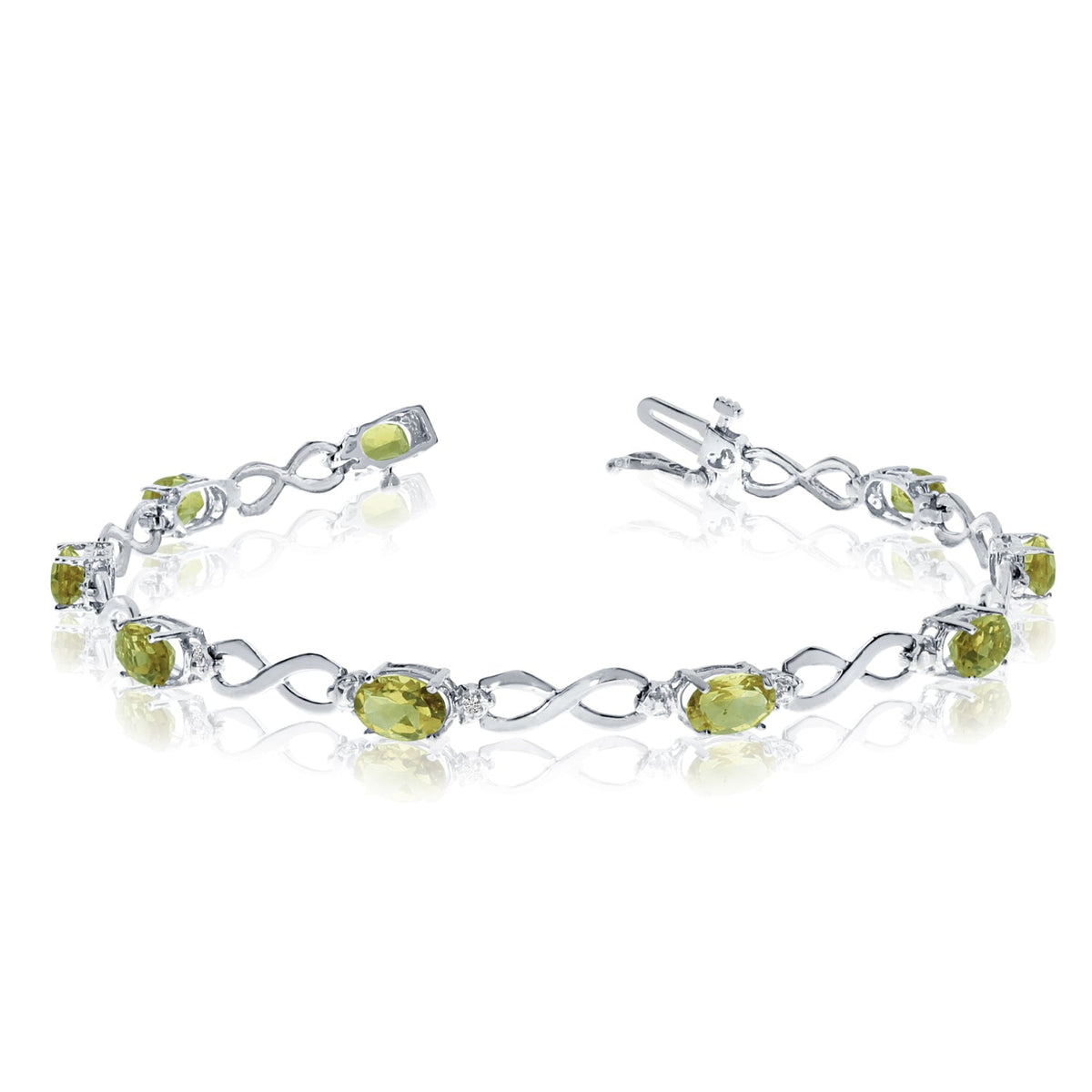 10K White Gold Oval Peridot Stones And Diamonds Infinity Tennis Bracelet, 7" - JewelryAffairs