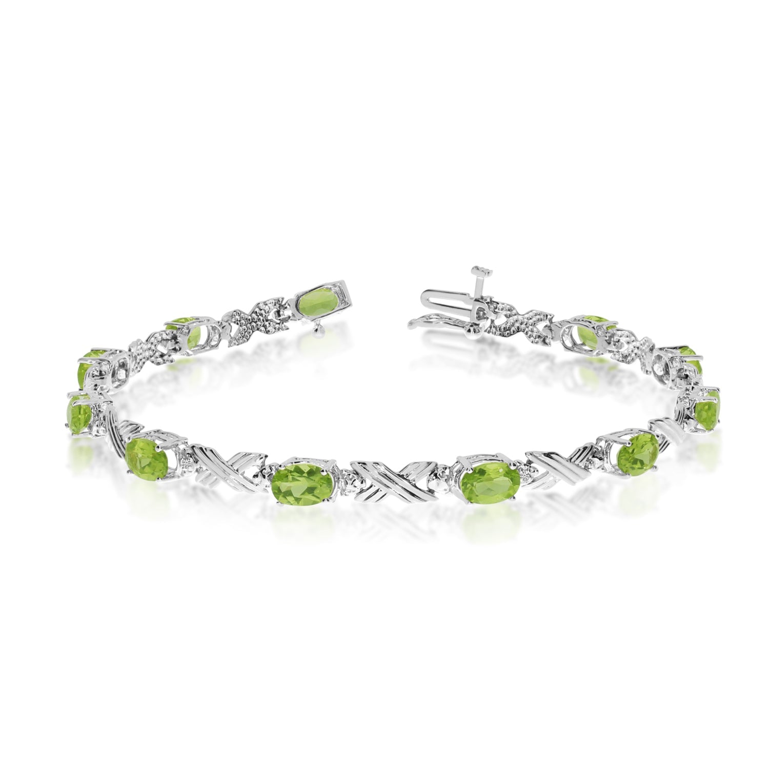 10K White Gold Oval Peridot Stones And Diamonds Tennis Bracelet, 7" - JewelryAffairs