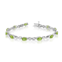 10K White Gold Oval Peridot Stones And Diamonds Tennis Bracelet, 7" - JewelryAffairs