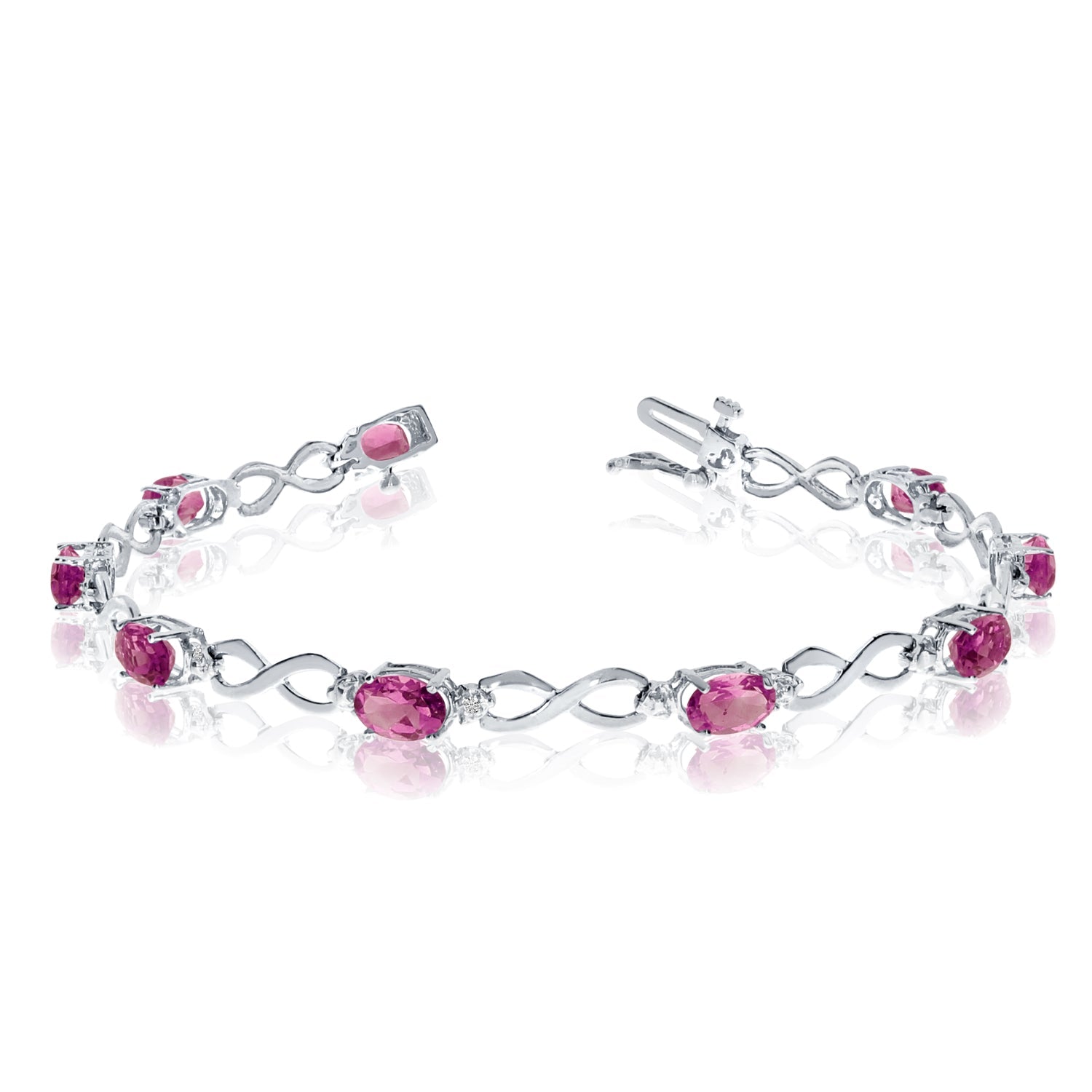 10K White Gold Oval Pink Topaz Stones And Diamonds Infinity Tennis Bracelet, 7" - JewelryAffairs