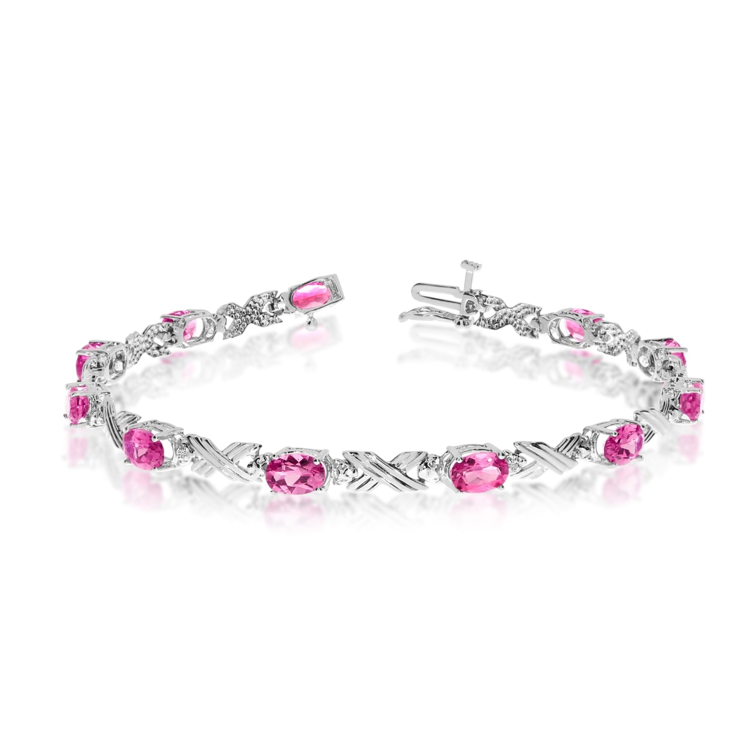 10K White Gold Oval Pink Topaz Stones And Diamonds Tennis Bracelet, 7" - JewelryAffairs