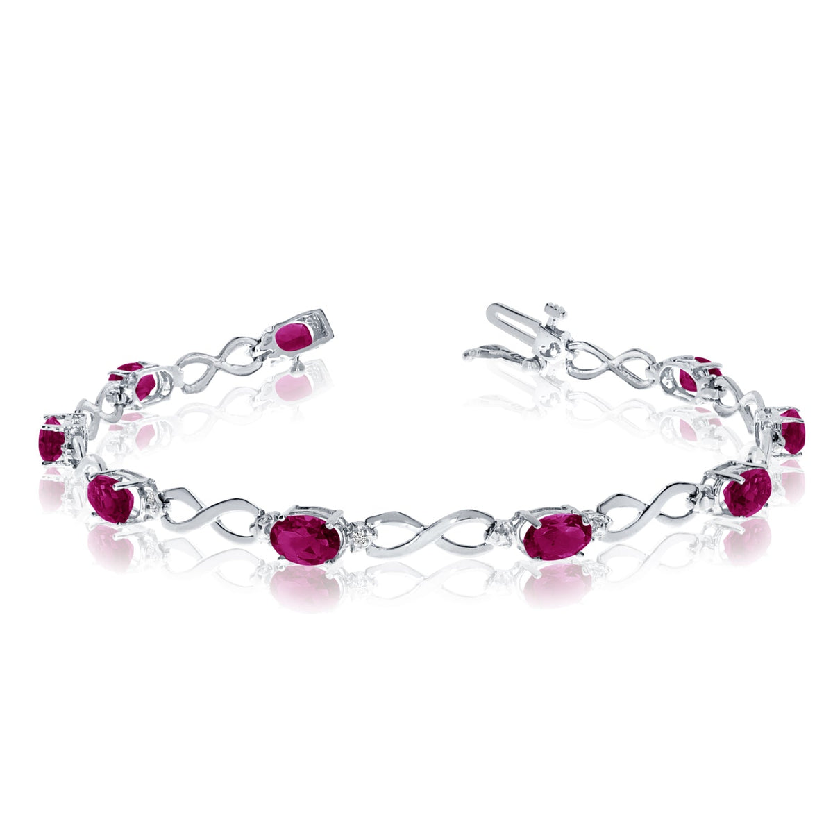 10K White Gold Oval Ruby Stones And Diamonds Infinity Tennis Bracelet, 7" - JewelryAffairs
