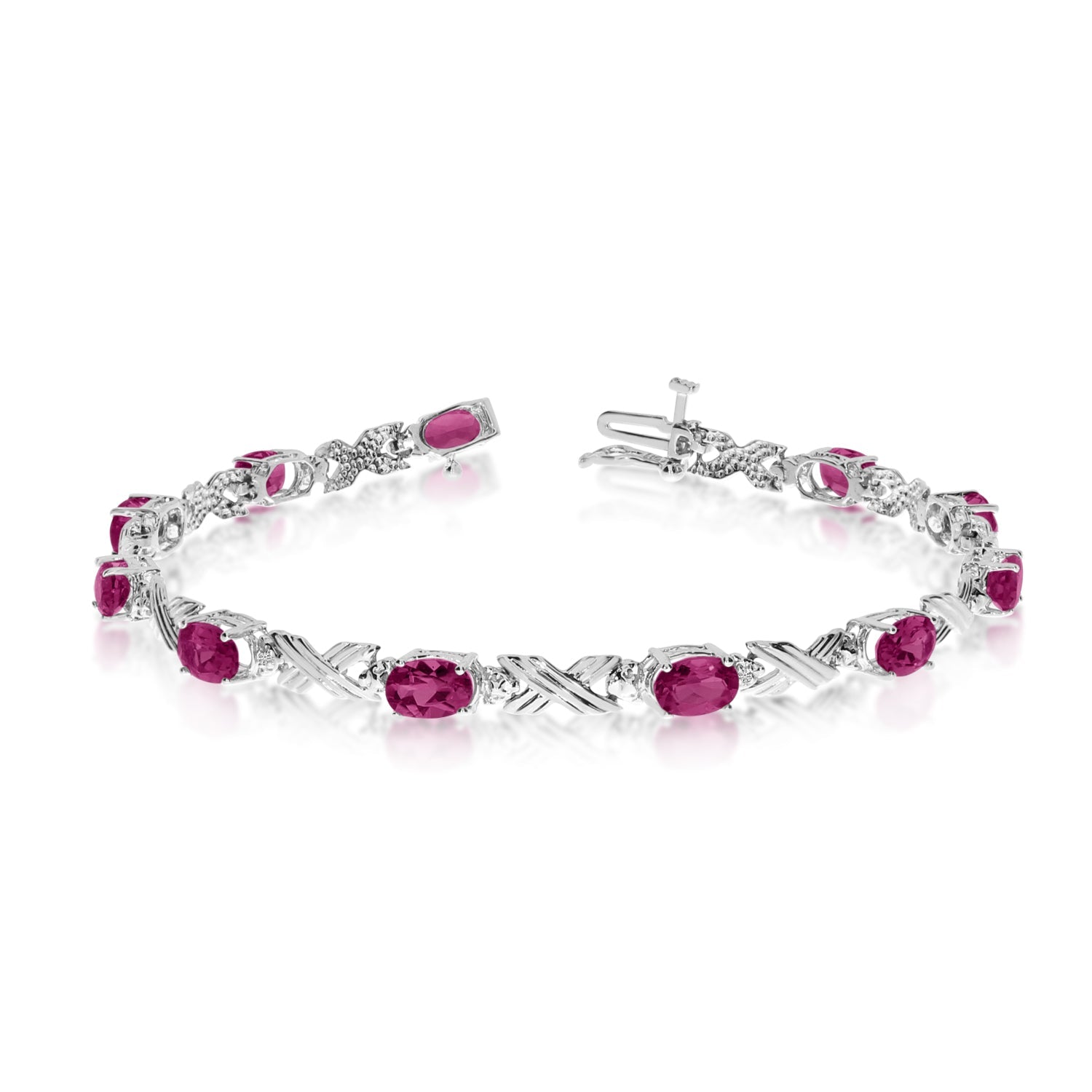 10K White Gold Oval Ruby Stones And Diamonds Tennis Bracelet, 7" - JewelryAffairs