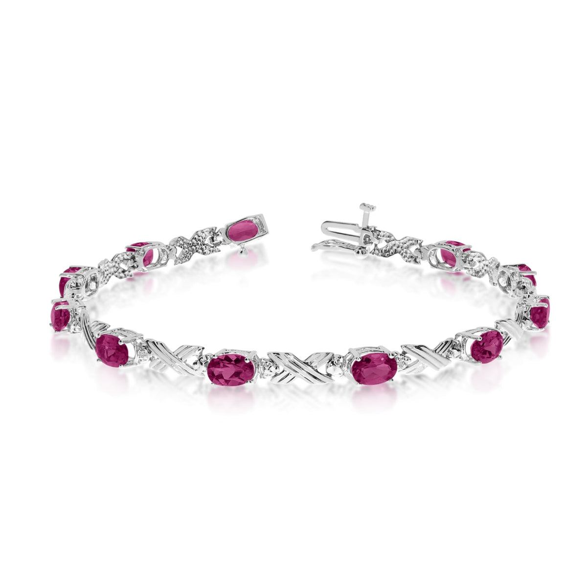 10K White Gold Oval Ruby Stones And Diamonds Tennis Bracelet, 7" - JewelryAffairs