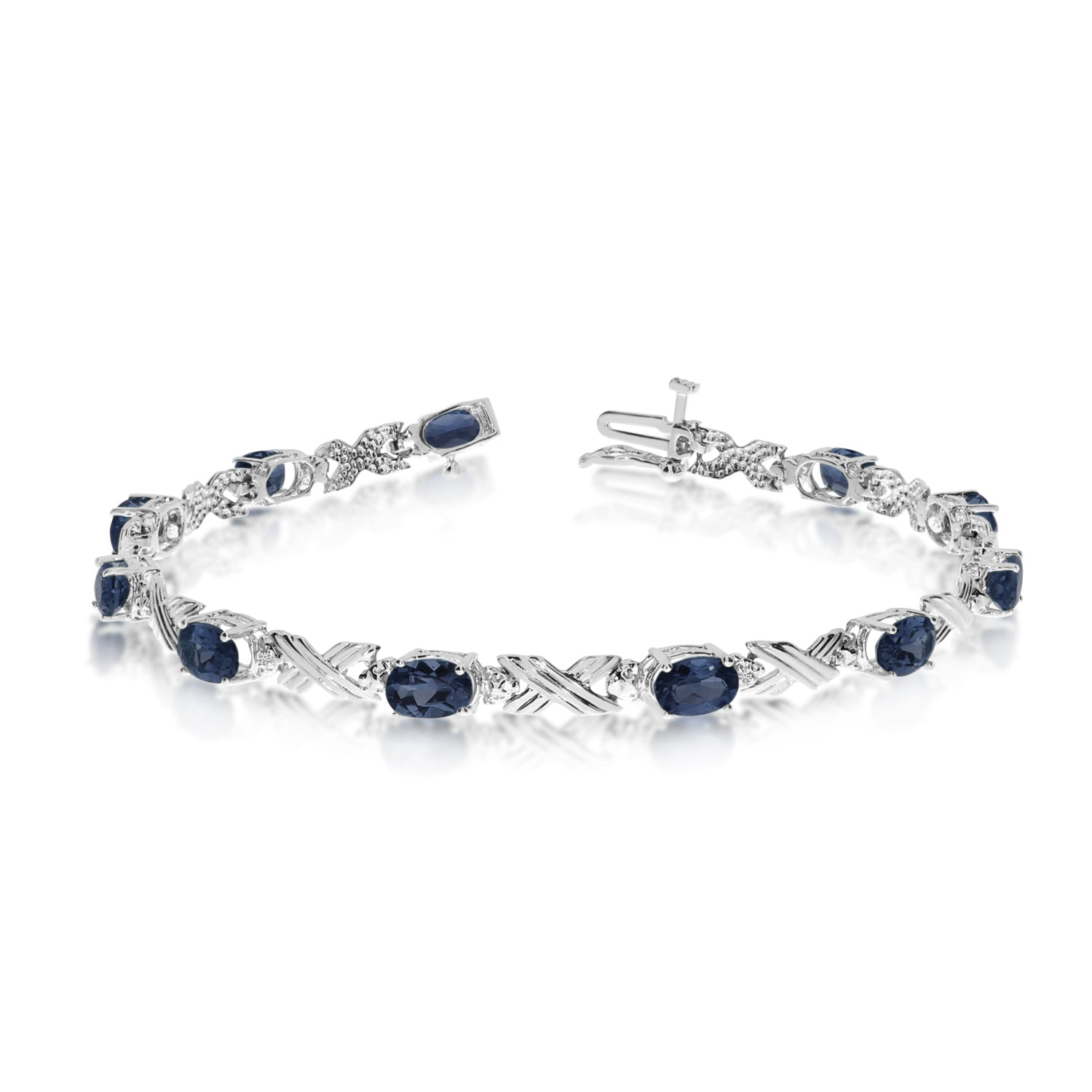 10K White Gold Oval Sapphire Stones And Diamonds Tennis Bracelet, 7" - JewelryAffairs