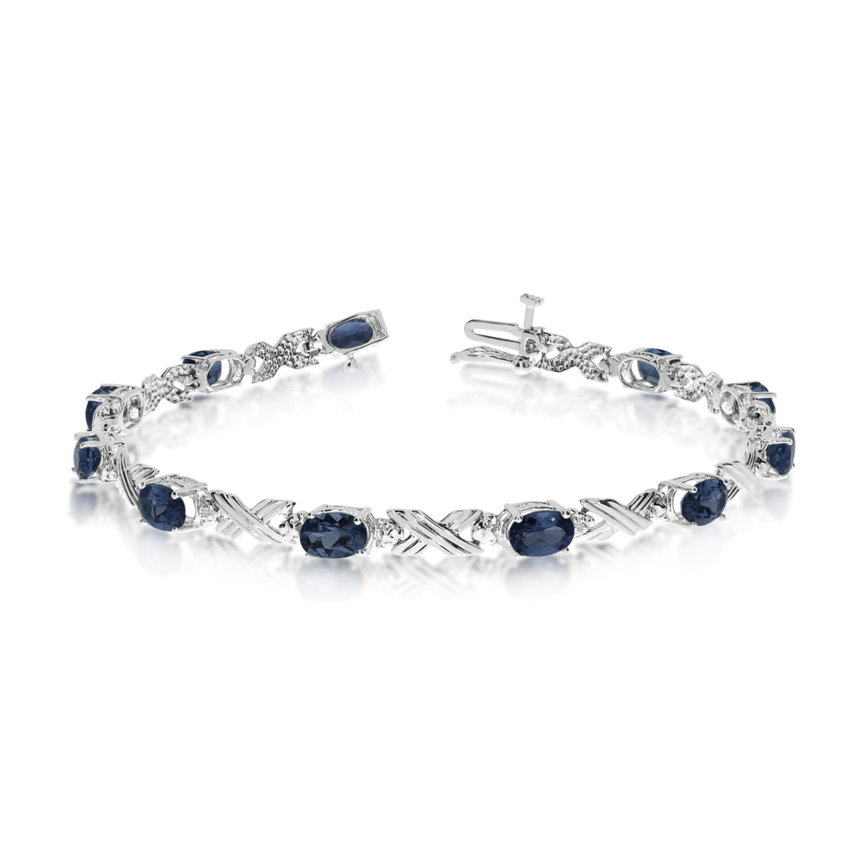 10K White Gold Oval Sapphire Stones And Diamonds Tennis Bracelet, 7" - JewelryAffairs