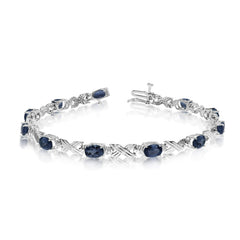 10K White Gold Oval Sapphire Stones And Diamonds Tennis Bracelet, 7" - JewelryAffairs