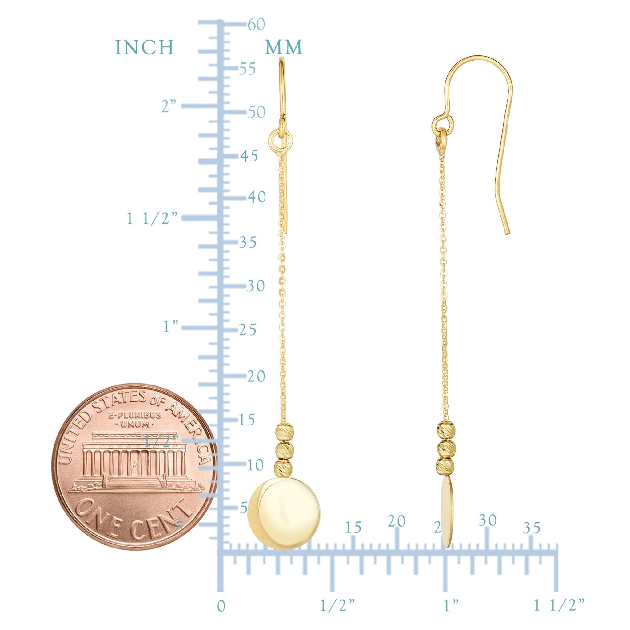 10K Yellow Gold Diamond Cut Bead With Flat Shiny Disc Drop Earrings