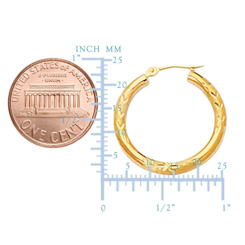 10k Yellow Gold Diamond Cut Design Round Shape Hoop Earrings, Diameter 20mm