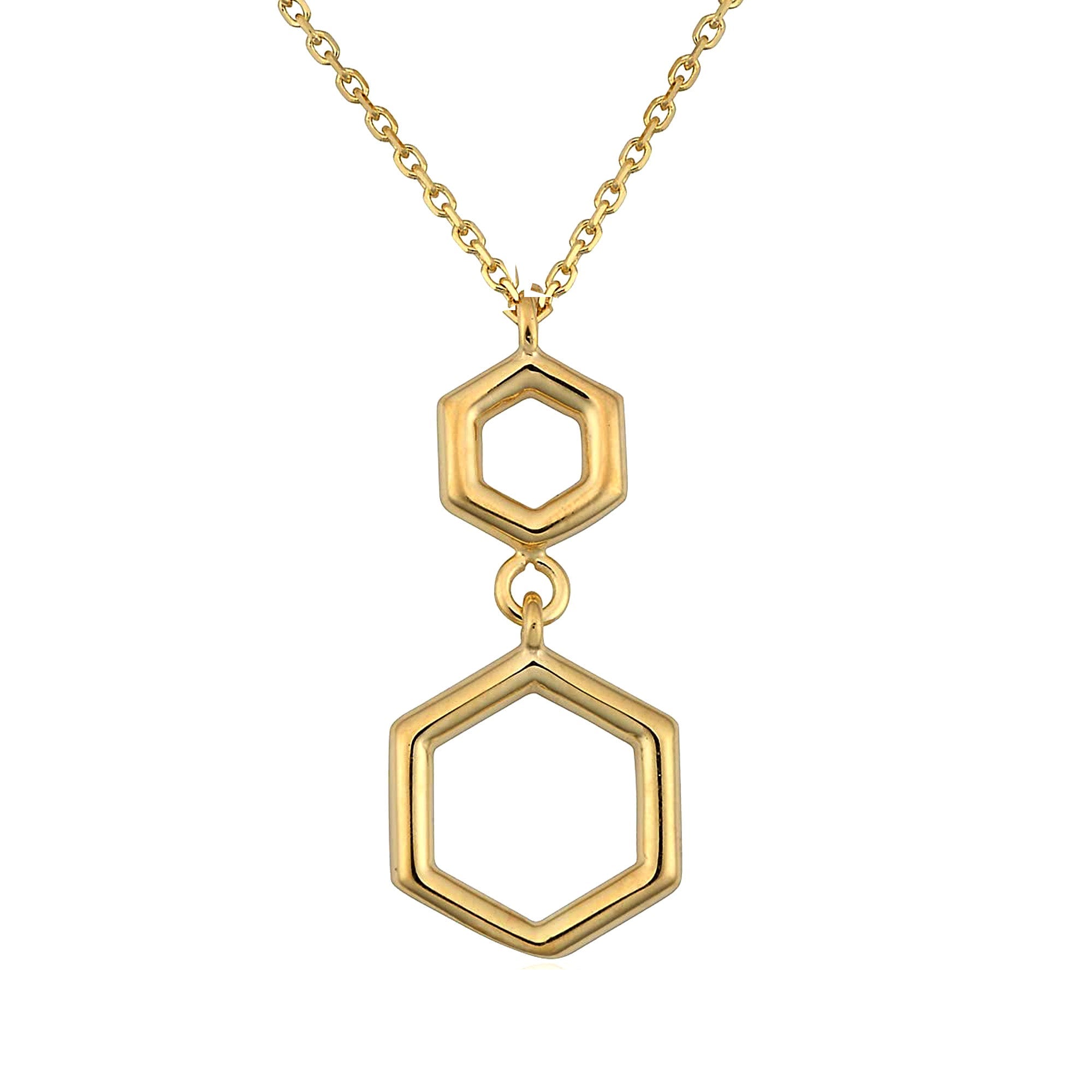 10K Yellow Gold Double Hexagon Geometric Pendant Necklace, 18" - JewelryAffairs
