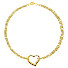 10K Yellow Gold Double Strand With Heart Anklet, 10"