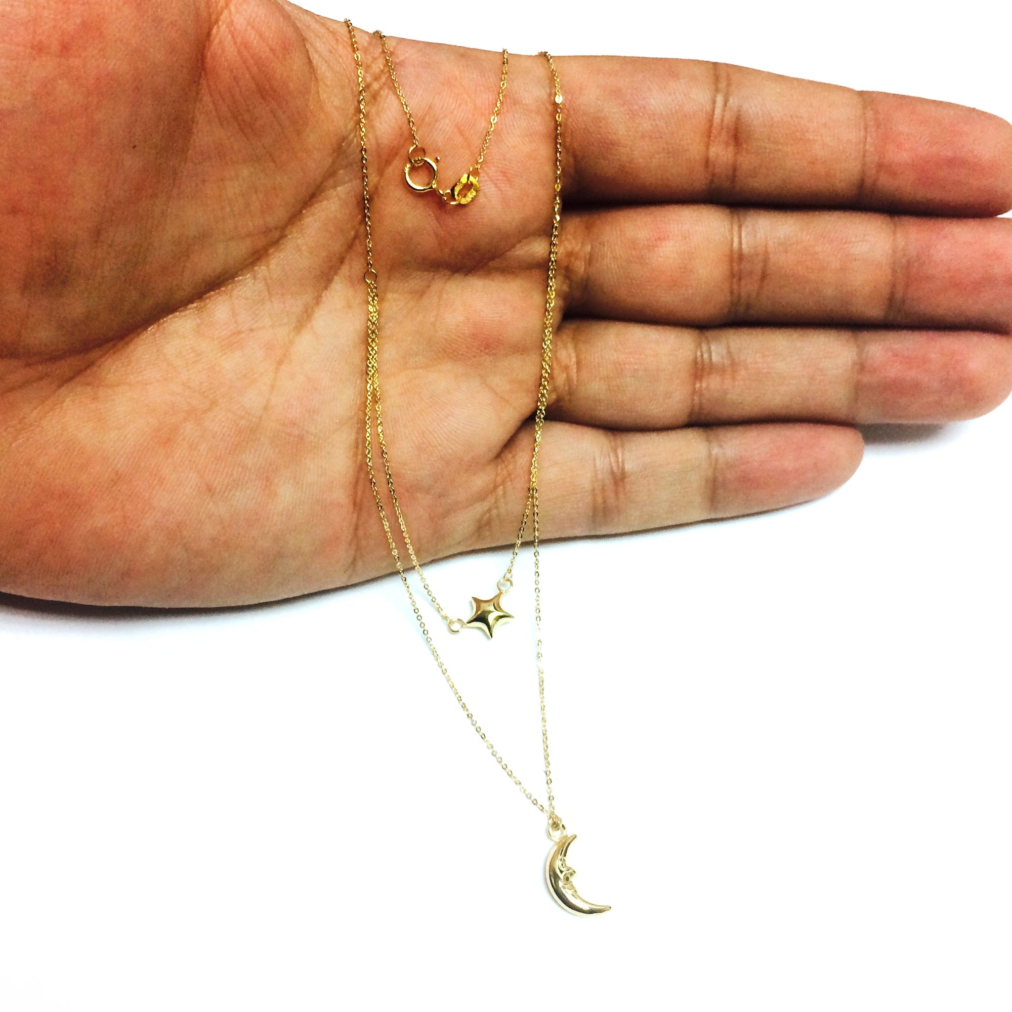 10K Yellow Gold Moon And Star Layered Pendant Necklace, 17" - JewelryAffairs