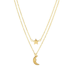 10K Yellow Gold Moon And Star Layered Pendant Necklace, 17" - JewelryAffairs