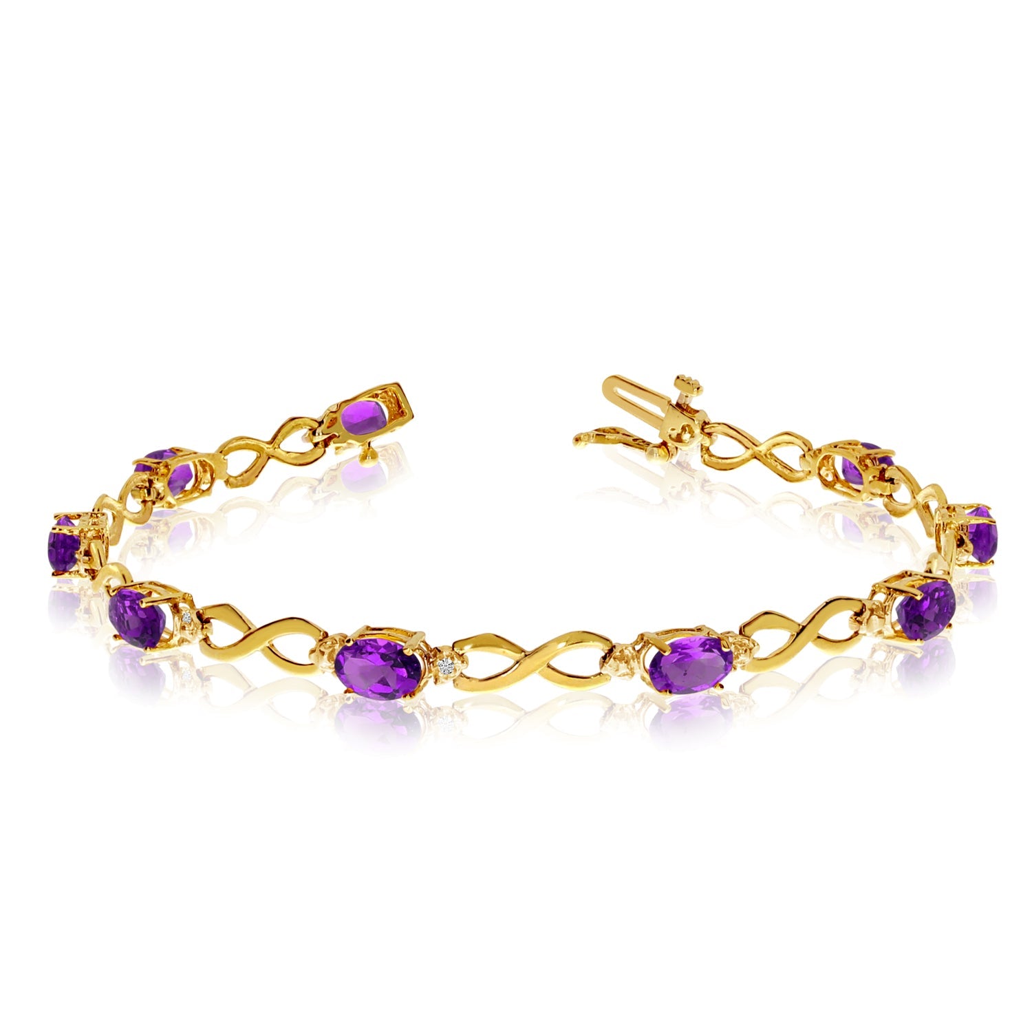 10K Yellow Gold Oval Amethyst Stones And Diamonds Infinity Tennis Bracelet, 7" - JewelryAffairs