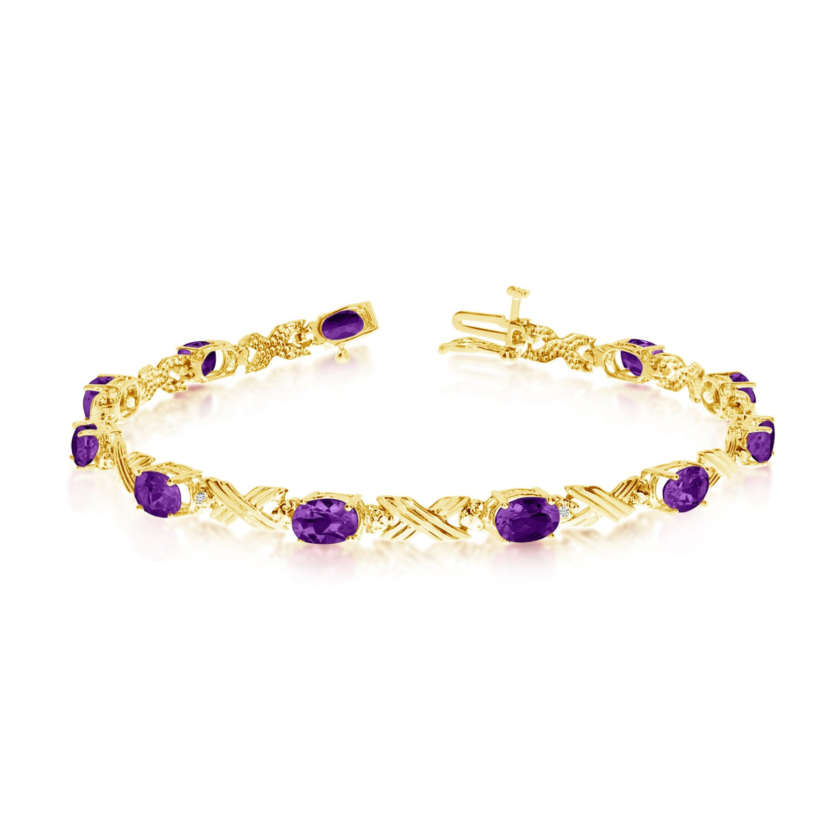 10K Yellow Gold Oval Amethyst Stones And Diamonds Tennis Bracelet, 7" - JewelryAffairs