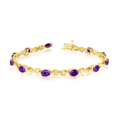 10K Yellow Gold Oval Amethyst Stones And Diamonds Tennis Bracelet, 7" - JewelryAffairs