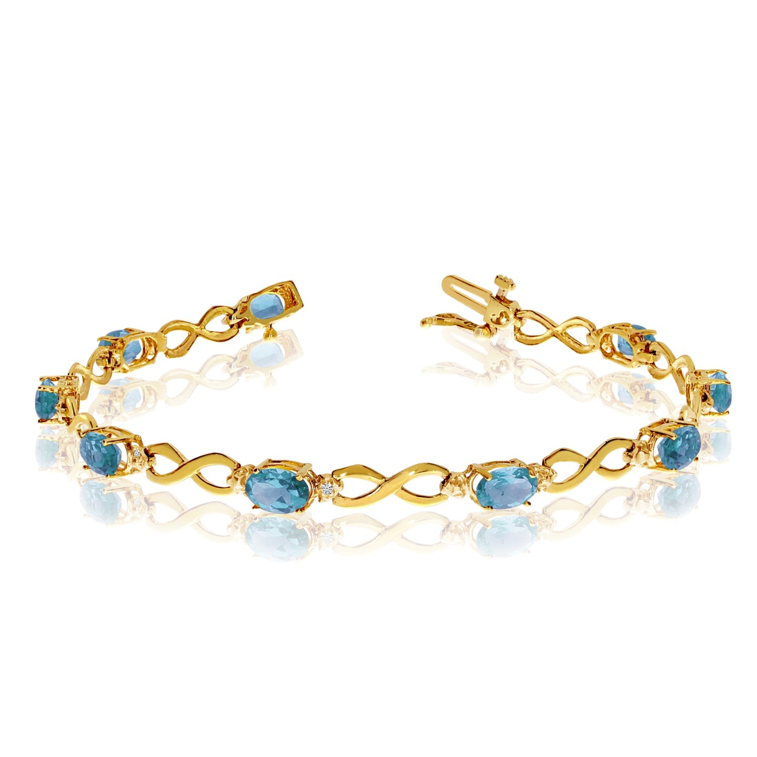 10K Yellow Gold Oval Blue Topaz Stones And Diamonds Infinity Tennis Bracelet, 7" - JewelryAffairs