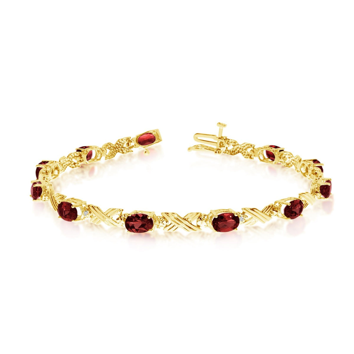 10K Yellow Gold Oval Garnet Stones And Diamonds Tennis Bracelet, 7" - JewelryAffairs