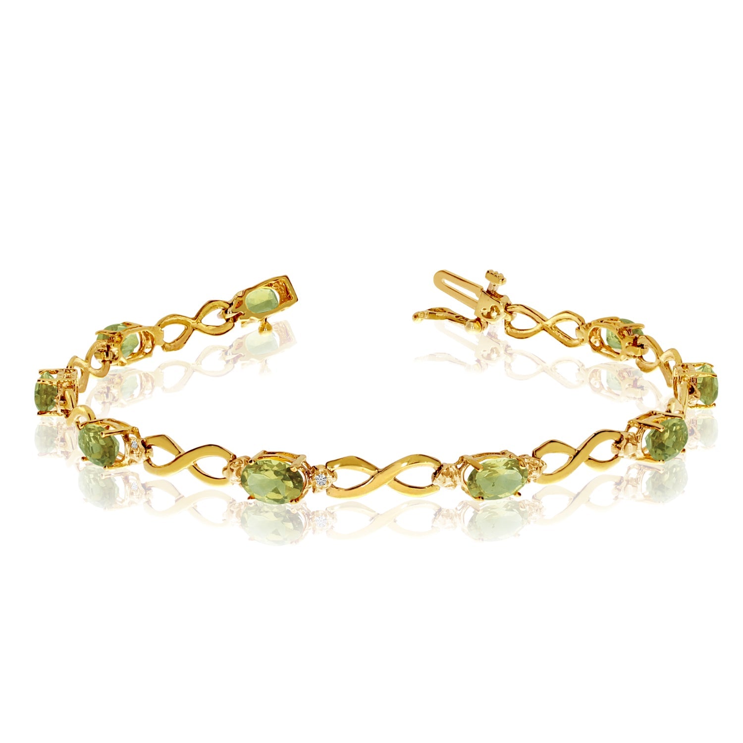 10K Yellow Gold Oval Peridot Stones And Diamonds Infinity Tennis Bracelet, 7" - JewelryAffairs