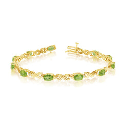 10K Yellow Gold Oval Peridot Stones And Diamonds Tennis Bracelet, 7" - JewelryAffairs