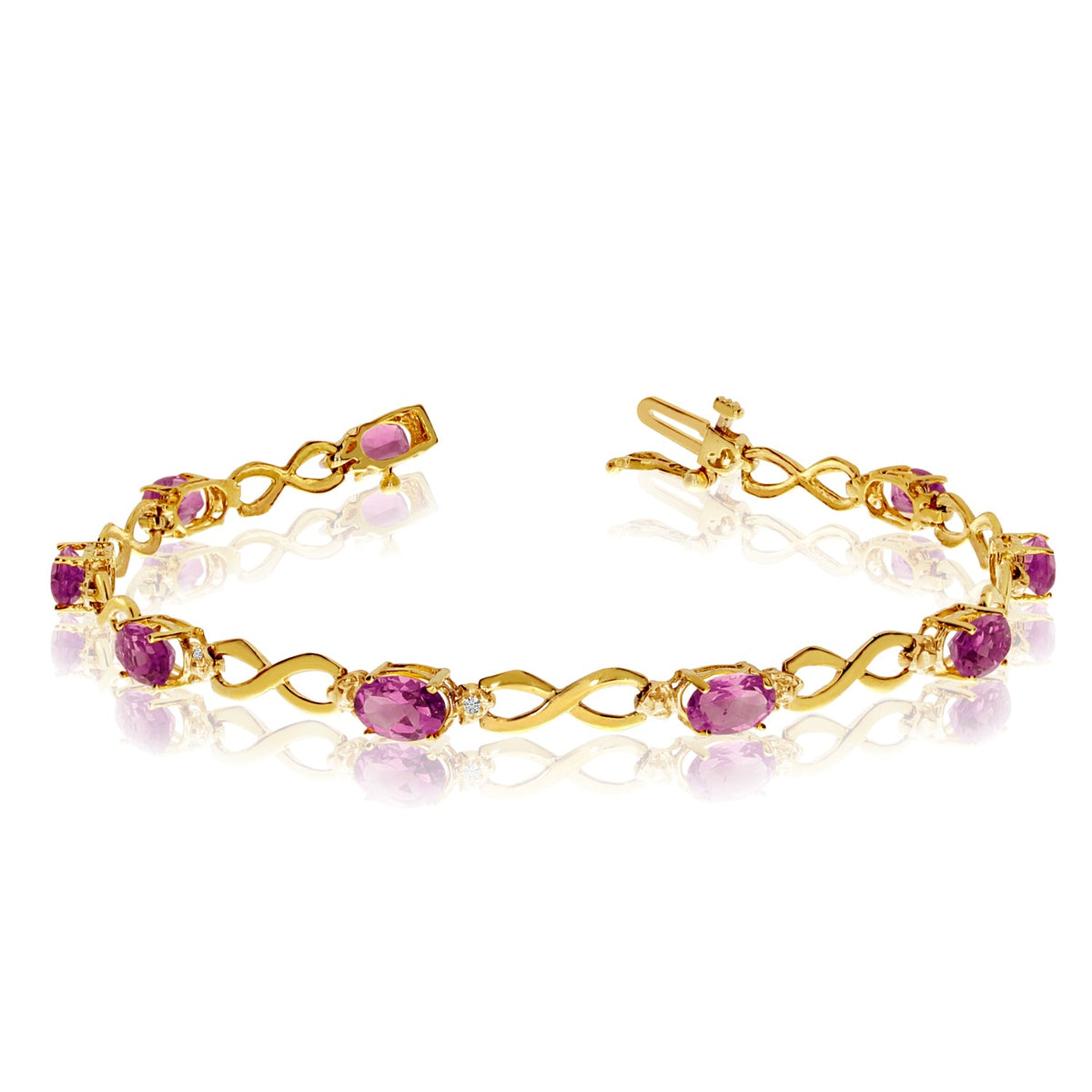 10K Yellow Gold Oval Pink Topaz Stones And Diamonds Infinity Tennis Bracelet, 7" - JewelryAffairs