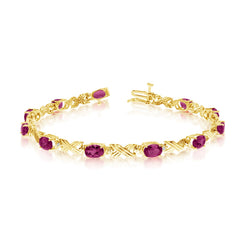 10K Yellow Gold Oval Ruby Stones And Diamonds Tennis Bracelet, 7" - JewelryAffairs